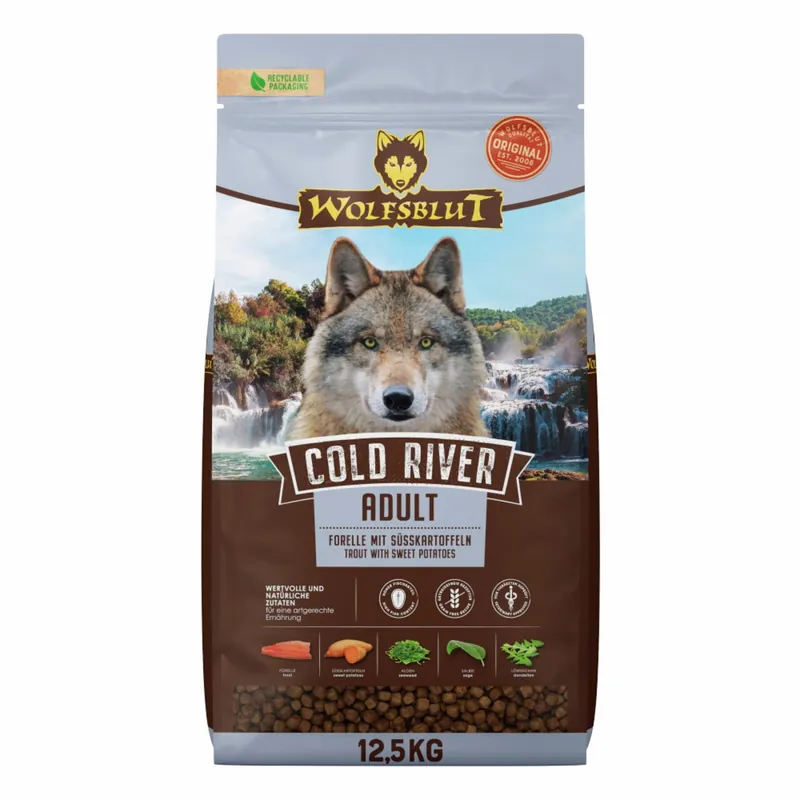 Preis Gesenkt Sparpaket WOLFSBLUT Cold River Forelle mit Süßkartoffeln 2x12,5kg Hundetrockenfutter